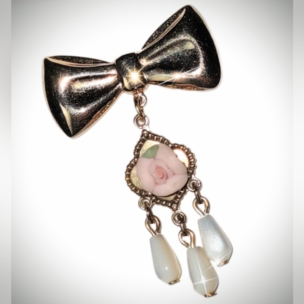 Gold Bow w/ Dangling Porcelain Flower Pin